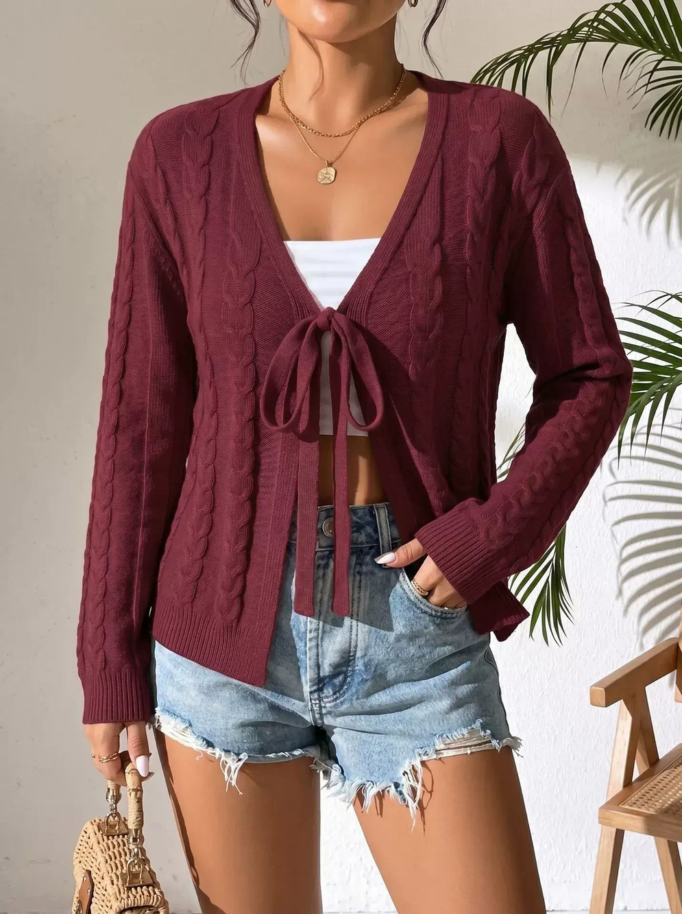 Zara Cable Knit Short Bow Tie Cardigan Long Sleeve Lightweight Early Fall
